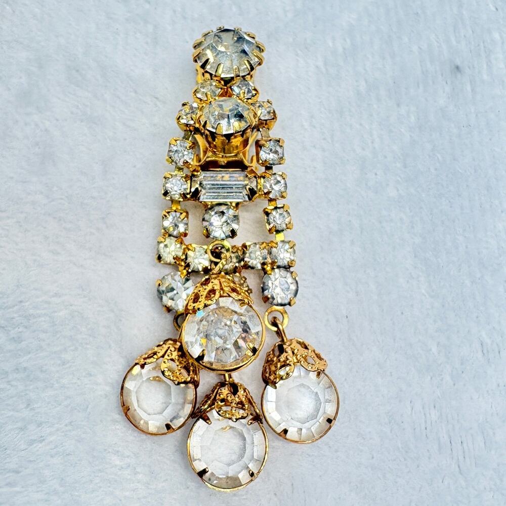 Vintage 1950s Rhinestone Earrings 2" Drop Mixed Cut Glass Gold Tone